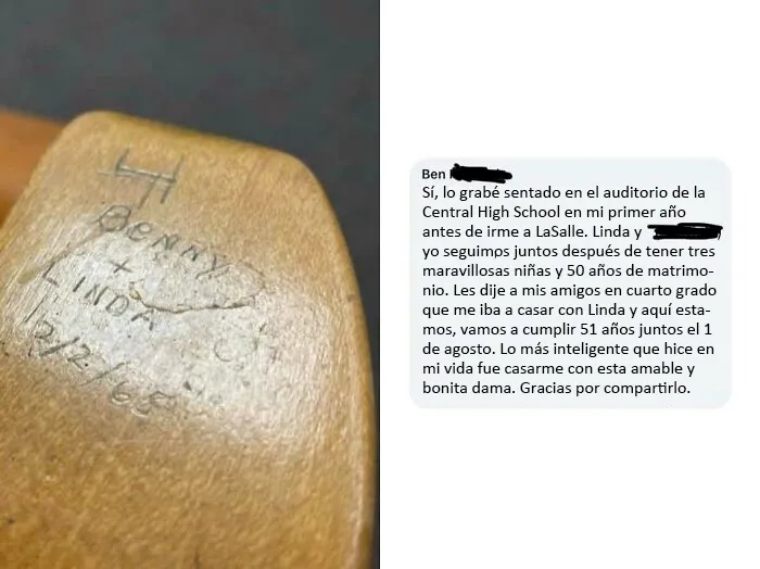 Un museo local publica una imagen de un escritorio escolar de 1965 con la inscripción "Benny y Linda". Benny responde en los comentarios