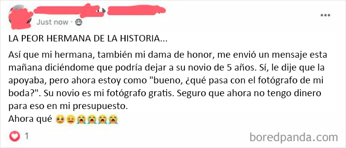 ¡Mi fotógrafo gratis es mucho más importante que el bienestar y la felicidad de mi hermana!