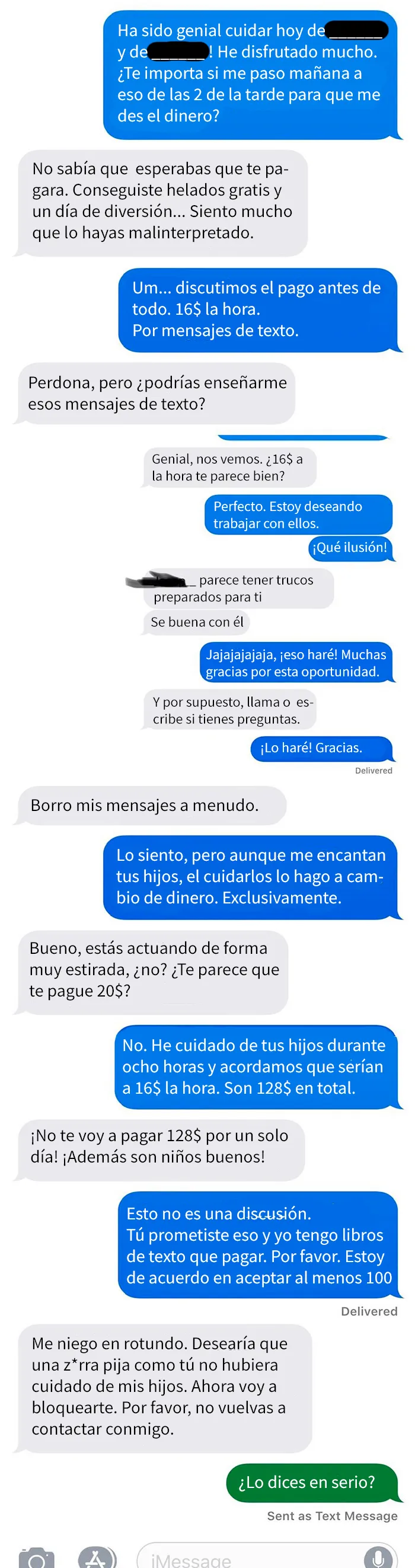 Una madre se niega a pagar a la niñera porque "le dan helado gratis y un día de diversión", así que le muestra los mensajes "borrados