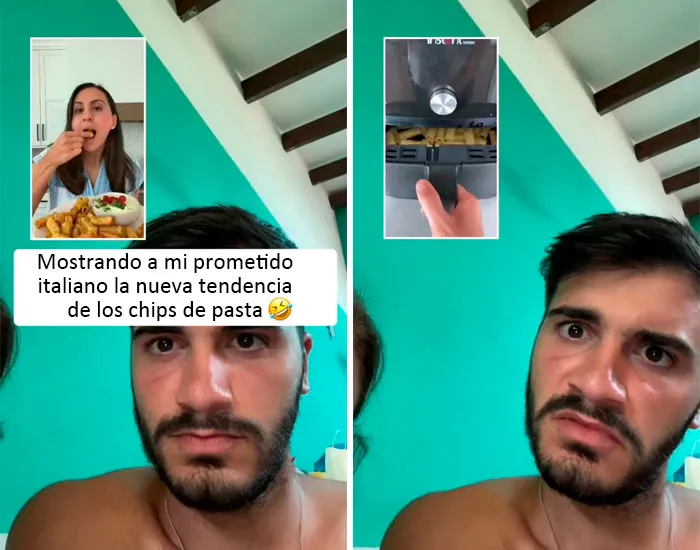 Mostrando a mi prometido italiano la nueva tendencia de los chips de pasta