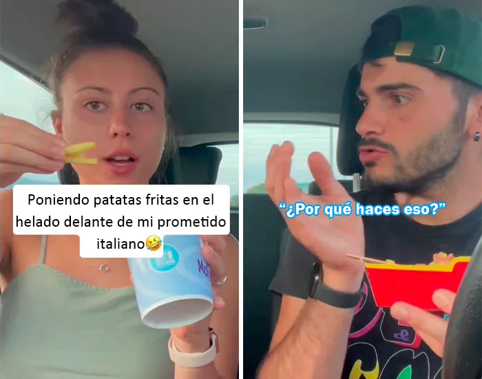 Poniendo patatas fritas en el helado delante de mi prometido italiano