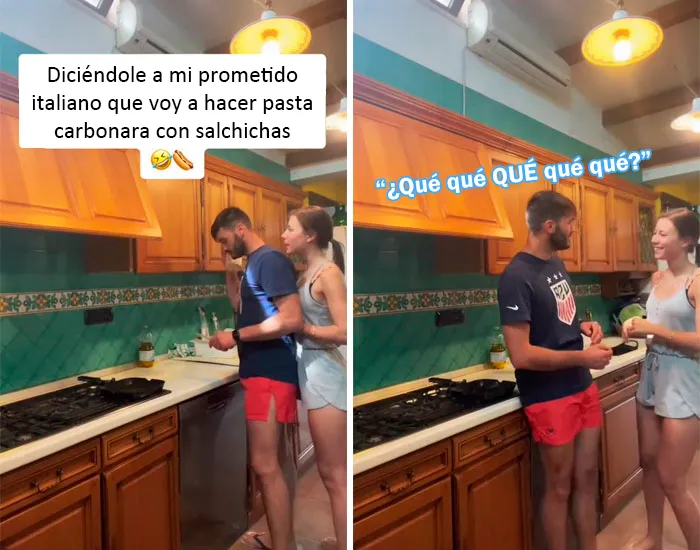 Diciéndole a mi prometido italiano que voy a hacer pasta carbonara con salchichas