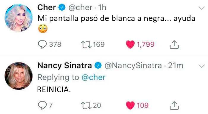 Cher activando accidentalmente el modo noche y Nancy Sinatra diciéndole que reinicie. Increíble