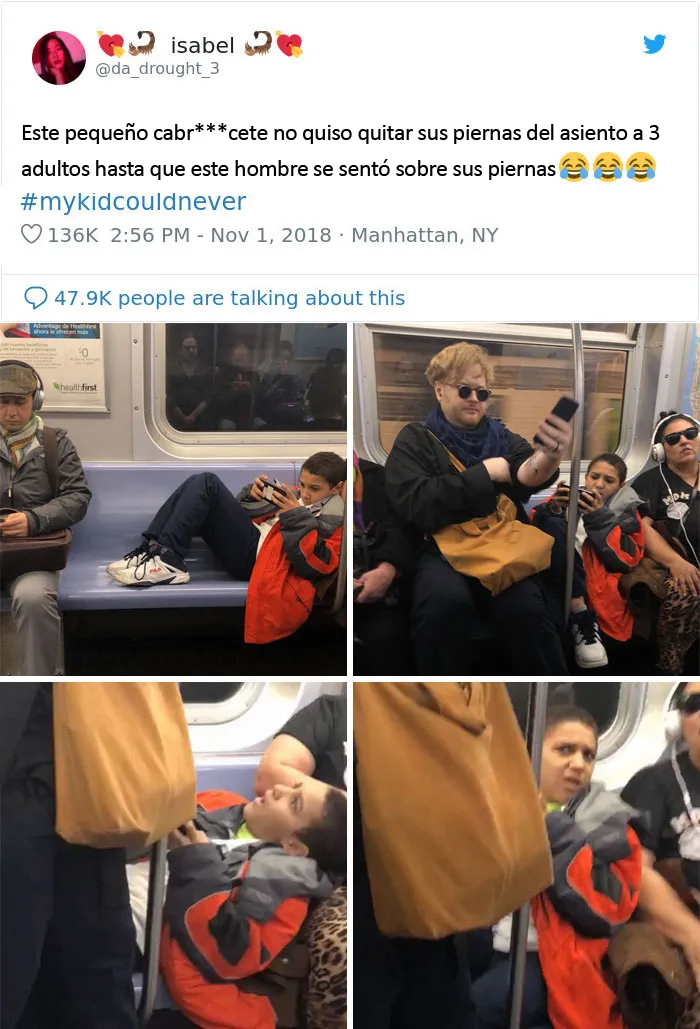 Un niño se niega a quitar las piernas del asiento hasta que el hombre se sienta sobre ellas