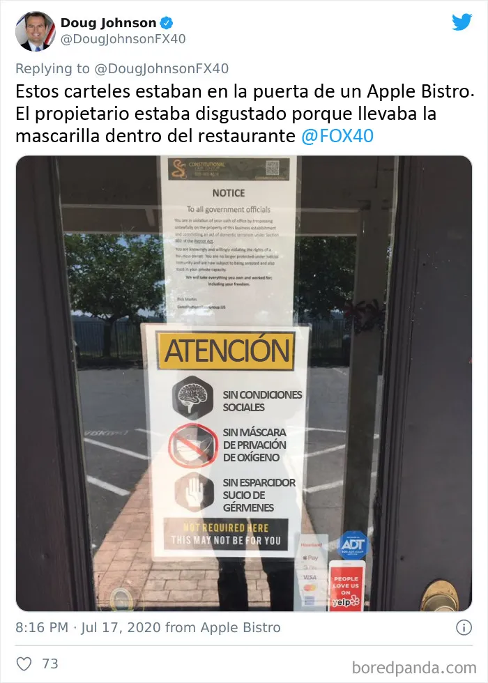 Un restaurante prohíbe las máscaras, los guantes y el distanciamiento social por la "libertad"