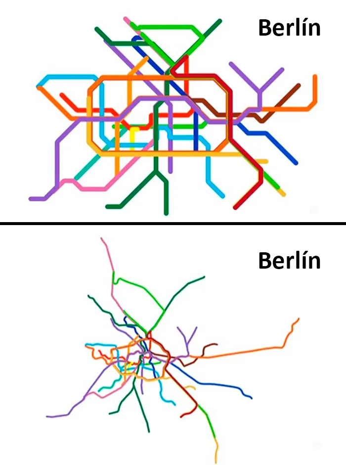 Mapa del metro de Berlín comparado con su geografía real