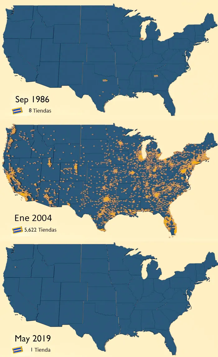 Localizaciones de tiendas Blockbuster en EEUU entre 1986 y 2019