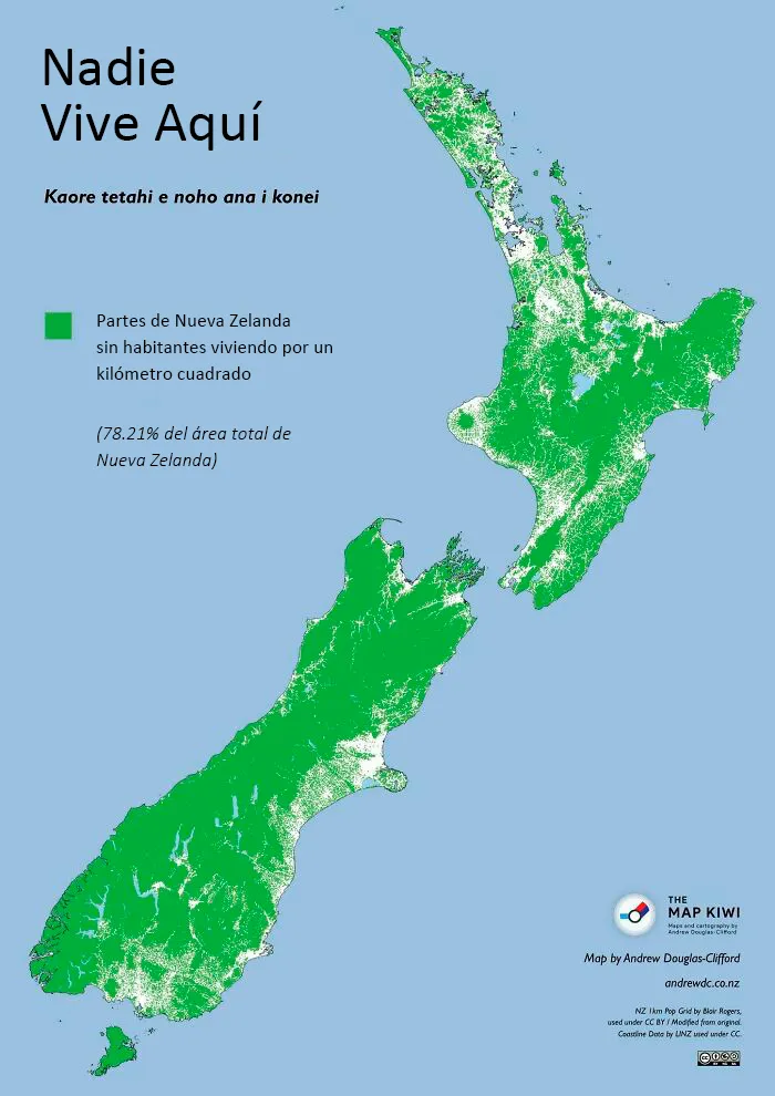 Nadie vive en la parte verde de Nueva Zelanda, la densidad de población allí es de 0 personas por kilómetro y eso es alrededor del 78% del territorio de Nueva Zelanda
