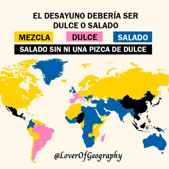 Este post muestra cómo suelen ser los desayunos tradicionales en el mundo comparando dulces contra salados