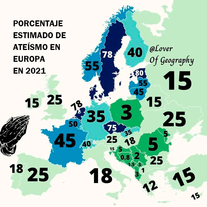 Este post muestra el porcentaje estimado de la población de los países que se identifica como ateo o agnóstico