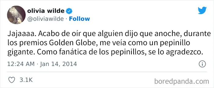 Lo que le contestó Olivia Wilde a la persona que dijo que se vio como un pepinillo durante los premios Golden Globe