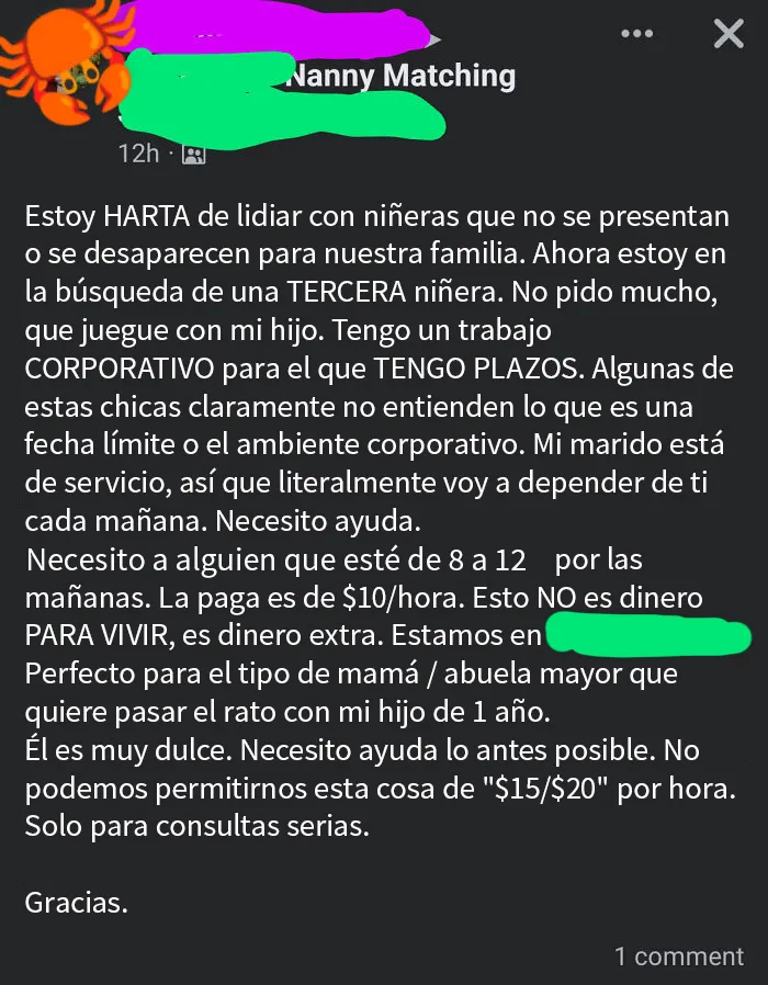 Karen quiere una niñera de 10 dólares la hora