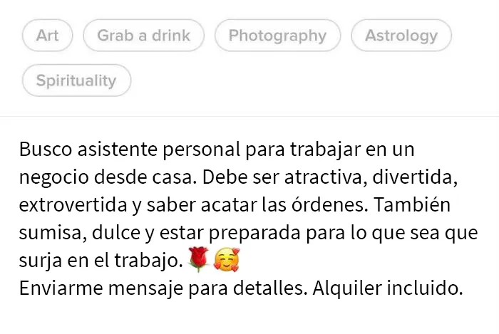Este tipo busca una “asistente personal” dulce y sumisa en una aplicación para citas con alquiler incluido. ¡Qué buen trato, chicas! Puedes ser su esclava sexual y en el trabajo sin tener que pagar el alquiler