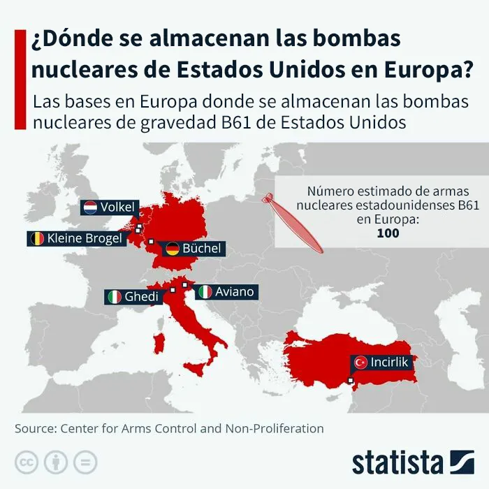 Este mapa muestra las bases en Europa donde se almacenan las bombas nucleares de gravedad B61 de Estados Unidos