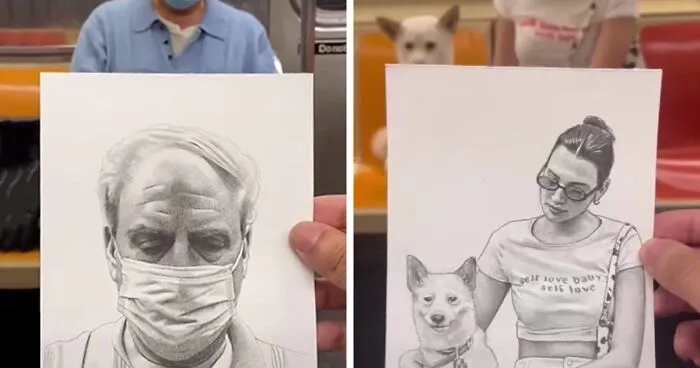 Un artista neoyorquino es conocido por dibujar a los pasajeros del metro sin que se den cuenta y luego publicar su reacción en Internet (25 nuevas fotos)