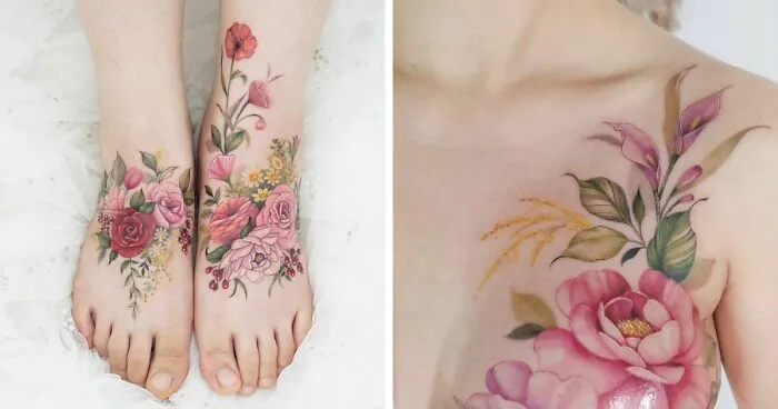 50 Tatuajes florales que parecen pinturas de acuarela sobre la piel (nuevas fotos)