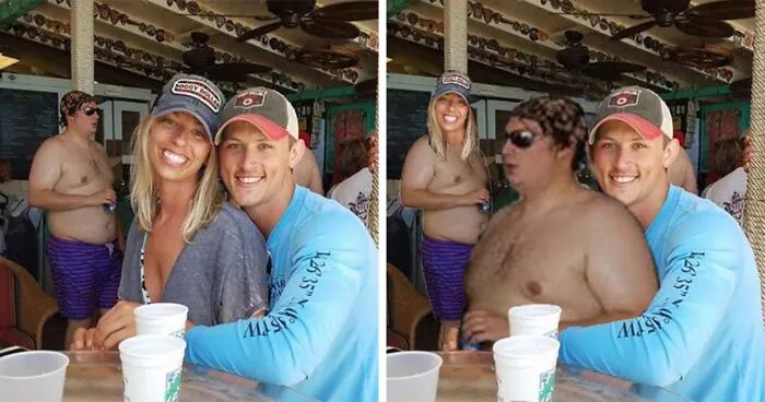 Una pareja pide a los maestros del Photoshop que eliminen a un hombre sin camisa del fondo de su foto, e internet cumple