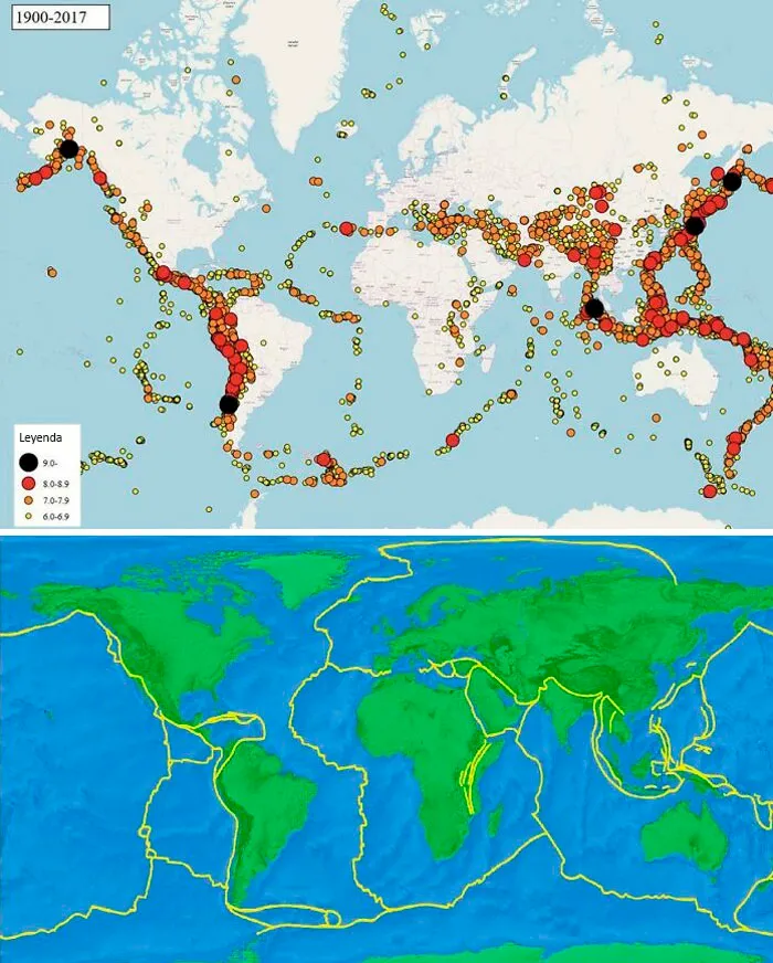 Alguien aquí publicó un mapa de terremotos desde 1900 (arriba). Ahora mira uno por uno al mapa de las placas tectónicas reales (abajo)