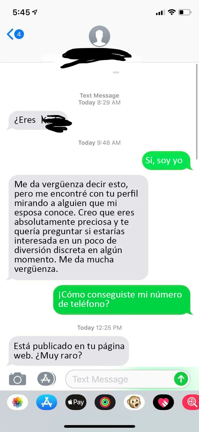 Este tipo me encontró en los "Amigos Sugeridos" de su mujer en Facebook, luego me buscó en Google y usó mi número de teléfono del trabajo para enviarme mensajes de texto. Repugnante