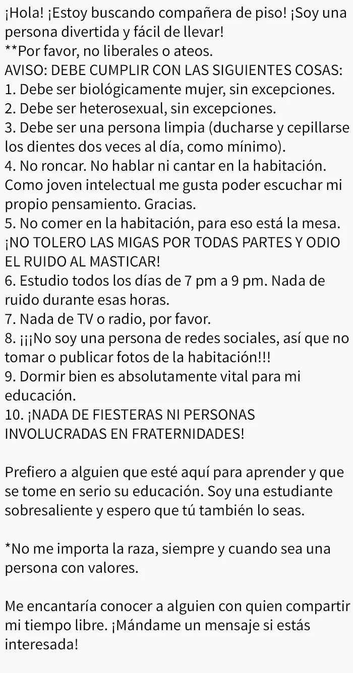 Una chica universitaria busca compañera de piso pero es homofóbica/transfóbica, grosera, quiere silencio casi las 24 horas del día y tiene expectativas poco realistas. (Me pregunto quién terminó viviendo allí… y si aún está cuerda) 