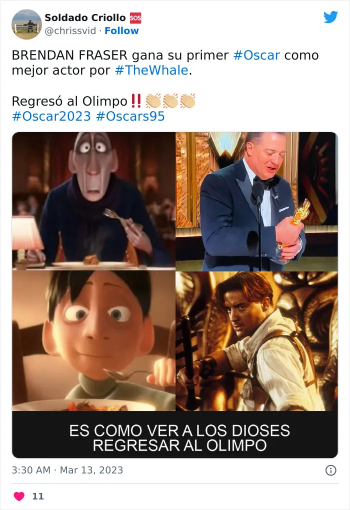 Brendan Fraser gana un Oscar e internet se inunda de emotivos memes y reacciones celebrándolo
