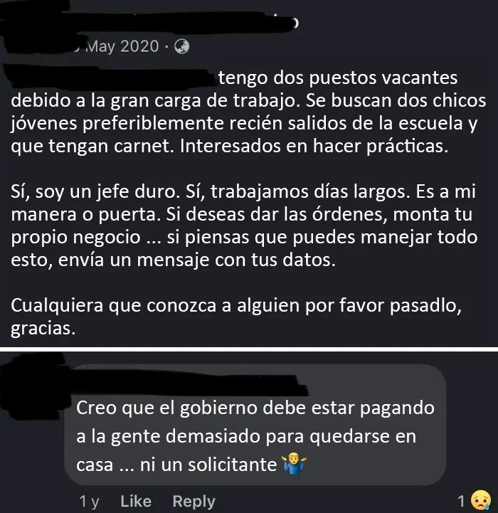 Mi jefe publicó esta descripción del trabajo en Facebook y luego lo comentó una semana después. Me pregunto por qué nadie se presentó